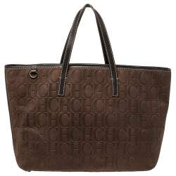 Pre Owned Carolina Herrera Dark Brown Monogram Embossed Leather Shopper Tote