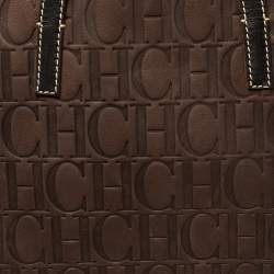 Carolina Herrera Dark Brown Monogram Embossed Leather Shopper Tote