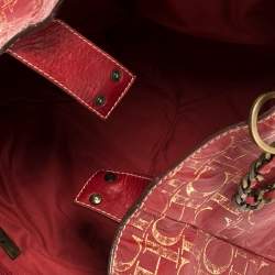 Pre Owned Carolina Herrera Red/Gold Monogram Leather Chain Tote