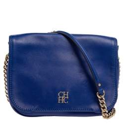Pre Owned Carolina Herrera Blue Leather New Baltazar Flap Shoulder Bag