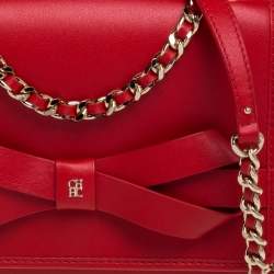 Pre Owned Carolina Herrera Red Leather Bow Flap Shoulder Bag