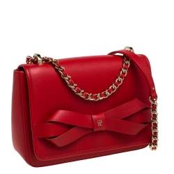 Pre Owned Carolina Herrera Red Leather Bow Flap Shoulder Bag