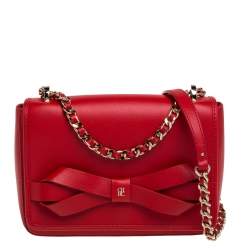 Pre Owned Carolina Herrera Red Leather Bow Flap Shoulder Bag