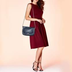 Pre Owned Carolina Herrera Navy Blue Leather Flap Chain Shoulder Bag