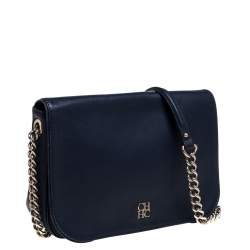 Pre Owned Carolina Herrera Navy Blue Leather Flap Chain Shoulder Bag