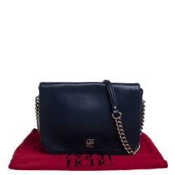 Pre Owned Carolina Herrera Navy Blue Leather Flap Chain Shoulder Bag