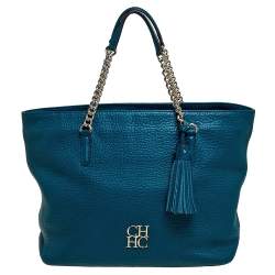 Pre Owned Carolina Herrera Dark Green Leather Tassel Zip Tote