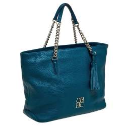 Pre Owned Carolina Herrera Dark Green Leather Tassel Zip Tote