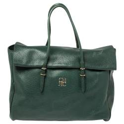 Pre Owned Carolina Herrera Green Leather Flap Tote