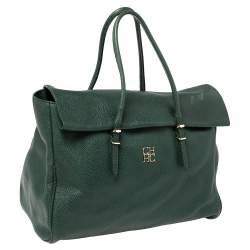 Pre Owned Carolina Herrera Green Leather Flap Tote