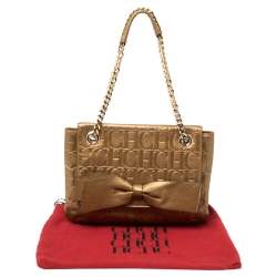 Pre Owned Carolina Herrera Gold Monogram Leather Audrey Shoulder Bag