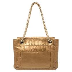 Pre Owned Carolina Herrera Gold Monogram Leather Audrey Shoulder Bag