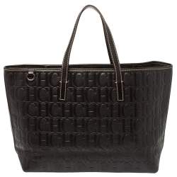 Pre Owned Carolina Herrera Dark Brown Monogram Embossed Leather Shopper Tote