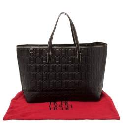 Pre Owned Carolina Herrera Dark Brown Monogram Embossed Leather Shopper Tote