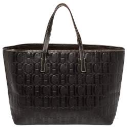 Pre Owned Carolina Herrera Dark Brown Monogram Embossed Leather Shopper Tote