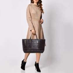 Pre Owned Carolina Herrera Dark Brown Monogram Embossed Leather Shopper Tote