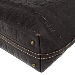 Pre Owned Carolina Herrera Dark Brown Monogram Embossed Leather Shopper Tote