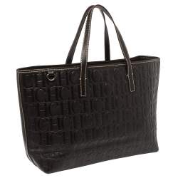 Pre Owned Carolina Herrera Dark Brown Monogram Embossed Leather Shopper Tote