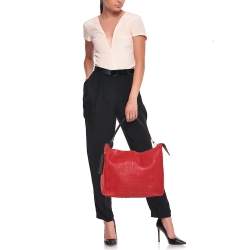 Pre Owned Carolina Herrera Red Monogram Embossed Leather Tassel Hobo