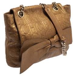 Pre Owned Carolina Herrera Gold Monogram Leather Audrey Shoulder Bag