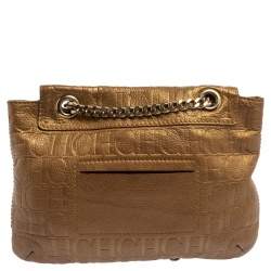 Pre Owned Carolina Herrera Gold Monogram Leather Audrey Shoulder Bag