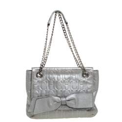 Pre Owned Carolina Herrera Silver Monogram Leather Audrey Shoulder Bag