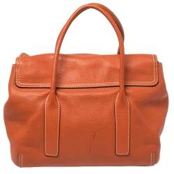 Pre Owned Carolina Herrera Burnt Orange Grained Leather Flap Tote