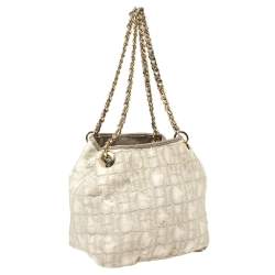 Pre Owned Carolina Herrera White/Grey Shimmer Monogram Fabric and Leather Chain Tote