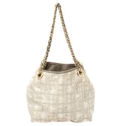 Pre Owned Carolina Herrera White/Grey Shimmer Monogram Fabric and Leather Chain Tote