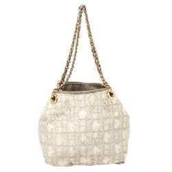 Pre Owned Carolina Herrera White/Grey Shimmer Monogram Fabric and Leather Chain Tote