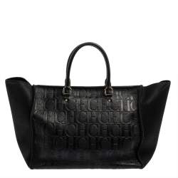 Pre Owned Carolina Herrera Black Monogram Embossed Leather Vendome Tote