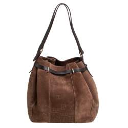 Pre Owned Carolina Herrera Brown Embossed Suede and Leather Bow Bucket Bag