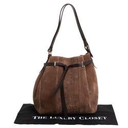Pre Owned Carolina Herrera Brown Embossed Suede and Leather Bow Bucket Bag