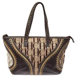 Pre Owned Carolina Herrera Beige/Brown Signature Studded Canvas and Leather Satchel