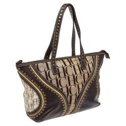 Pre Owned Carolina Herrera Beige/Brown Signature Studded Canvas and Leather Satchel