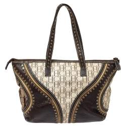 Pre Owned Carolina Herrera Beige/Brown Signature Studded Canvas and Leather Satchel