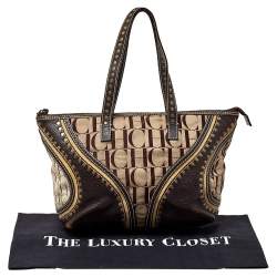 Pre Owned Carolina Herrera Beige/Brown Signature Studded Canvas and Leather Satchel