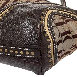 Pre Owned Carolina Herrera Beige/Brown Signature Studded Canvas and Leather Satchel