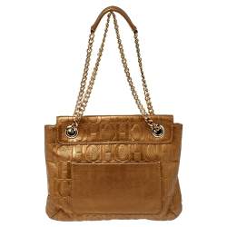 Pre Owned Carolina Herrera Gold Monogram Leather Audrey Shoulder Bag