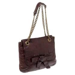 Pre Owned Carolina Herrera Dark Brown Monogram Embossed Leather Bow Flap Shoulder Bag