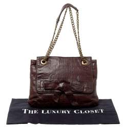 Pre Owned Carolina Herrera Dark Brown Monogram Embossed Leather Bow Flap Shoulder Bag