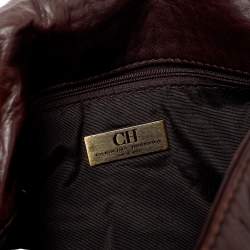 Pre Owned Carolina Herrera Dark Brown Monogram Embossed Leather Bow Flap Shoulder Bag