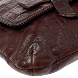 Pre Owned Carolina Herrera Dark Brown Monogram Embossed Leather Bow Flap Shoulder Bag