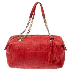 Pre Owned Carolina Herrera Red Embossed Leather Tassel Satchel