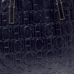 Pre Owned Carolina Herrera Navy Blue Monogram Embossed Leather Shopper Tote