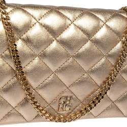 Pre Owned Carolina Herrera Metallic Gold Quilted Leather Flap Chain Clutch