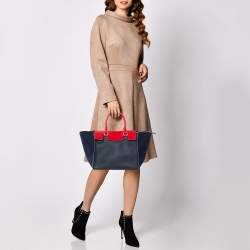 Pre Owned Carolina Herrera Navy Blue/Red Nubuck and Leather Vendome Tote