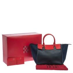 Pre Owned Carolina Herrera Navy Blue/Red Nubuck and Leather Vendome Tote