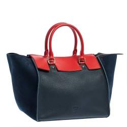 Pre Owned Carolina Herrera Navy Blue/Red Nubuck and Leather Vendome Tote
