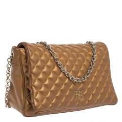 Pre Owned Carolina Herrera Gold Quilted Leather Flap Chain Shoulder Bag